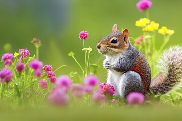 red squirrel sits on a colorful meadow, generative AI - obrazy, fototapety, plakaty
