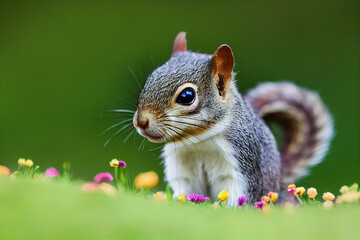 Fototapeta premium red squirrel sits on a colorful meadow, generative AI