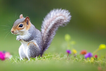 Naklejka na ściany i meble red squirrel sits on a colorful meadow, generative AI