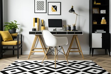 Simple workplace with geometric carpet, trendy desk chair, and poster. Generative AI