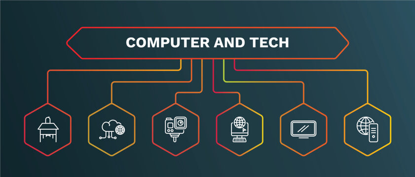 set of computer and tech white thin line icons. computer and tech outline icons with infographic template. linear icons such as information network, action camera, surfing the net, monitor screen,