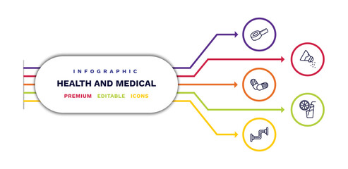 set of health and medical thin line icons. health and medical outline icons with infographic template. linear icons such as measure tape, pills, chest expander, salt, orange juice vector.