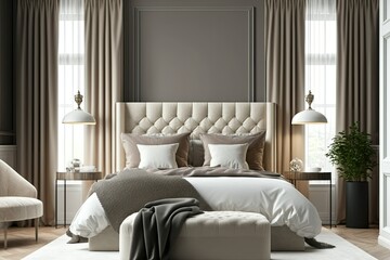 opulent beige and gray bedroom in a house or motel with a king-sized bed in the middle. linen bedding, taupe ivory gray, a blank wall. a blank canvas for artwork or wallpaper. pillows and a curtain