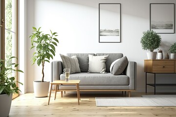 Fototapeta premium Living room with white wall, wooden floor, and wooden side table. illustrations. Generative AI