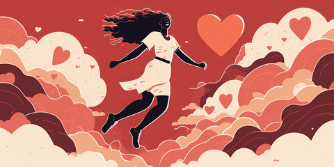 Lo-fi woman jumping on red clouds in shape of hearts, celestial aesthetic, created with Generative AI