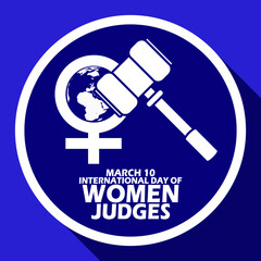 Female icon symbol with earth and judge gavel with bold text in frame on blue background to commemorate International Day of Women Judges on March 10