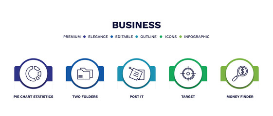 set of business thin line icons. business outline icons with infographic template. linear icons such as pie chart statistics, two folders, post it, target, money finder vector.