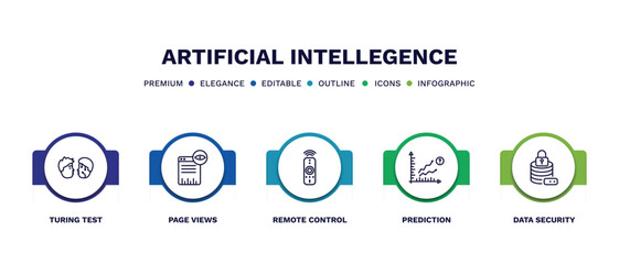 set of artificial intellegence thin line icons. artificial intellegence outline icons with infographic template. linear icons such as turing test, page views, remote control, prediction, data