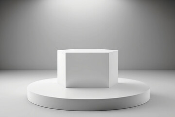 Empty low podium for product display with spotlight white background. Generative AI