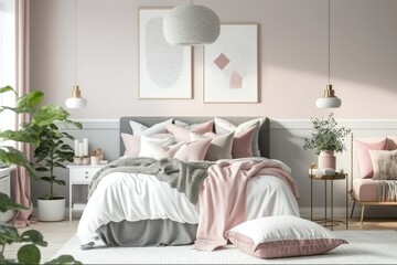 large, airy bedroom with pink, white, and grey accents. Generative AI
