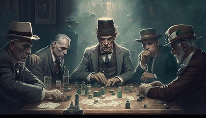 a group gangsters playing cards in a dark room. Retro style. Generative AI - obrazy, fototapety, plakaty