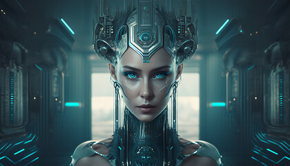 An attractive woman as half-robot or a humanoid android with artificial intelligence parts or a technological upgrade as human evolution, mechanical body parts. Generative AI
