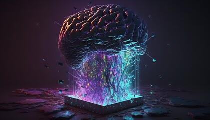 Generative AI of a human brain with a circuit board in the background