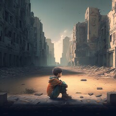Boy sitting on the ground and looking at the ruins of the city. Generative AI