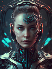 An attractive woman as half-robot or a humanoid android with artificial intelligence parts or a technological upgrade as human evolution, mechanical body parts. Generative AI