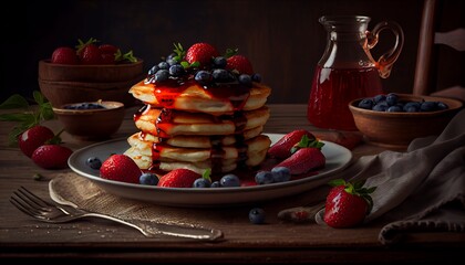 Pancakes with fresh berries and maple syrup on wooden background. Generative AI