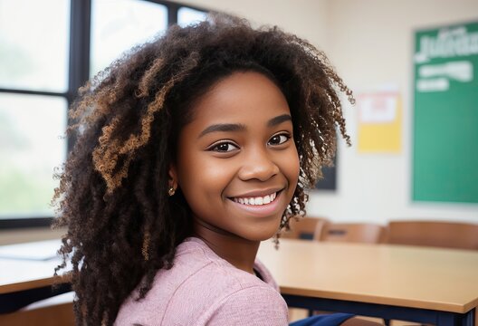 Beautiful African American Teenage Girl In School. Generated By AI