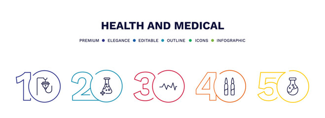 set of health and medical thin line icons. health and medical outline icons with infographic template. linear icons such as saline, medical substance, pulse, ampoule, poisonous vector.