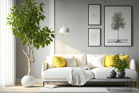 White fabric sofa, floor lamp, and lemon tree in vase on wooden coffee table in living room. illustration. Generative AI