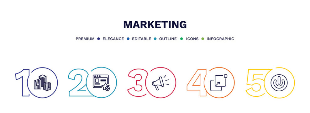 set of marketing thin line icons. marketing outline icons with infographic template. linear icons such as enterprise, favorite web, promote, pop up, on vector.
