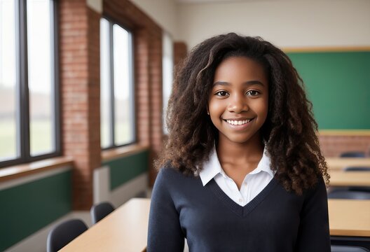 Beautiful african american teenage girl in school. Generated by AI