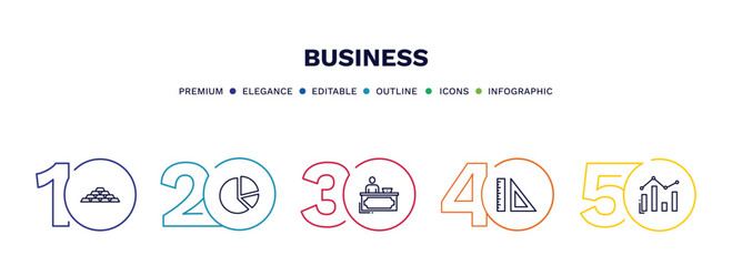 set of business thin line icons. business outline icons with infographic template. linear icons such as stack of gold, circular pie chart, director desk, maths tool, bar diagram vector.