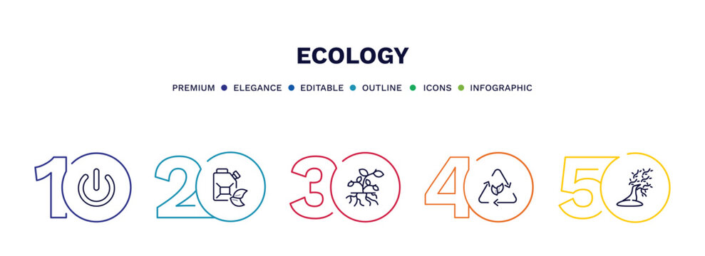 set of ecology thin line icons. ecology outline icons with infographic template. linear icons such as green power, eco fuel, plant and root, eco, wind bending tree vector.