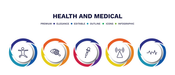 set of health and medical thin line icons. health and medical outline icons with infographic template. linear icons such as exercise, optometrist, pipette, non ionizing radiation, pulse vector.