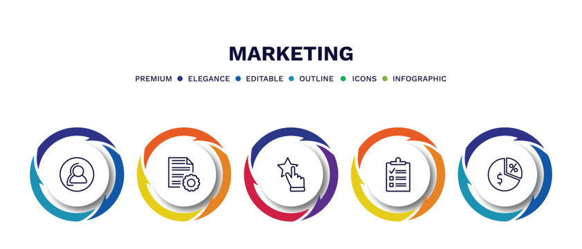 set of marketing thin line icons. marketing outline icons with infographic template. linear icons such as consumer, content management, appreciation, checklist, margin vector.