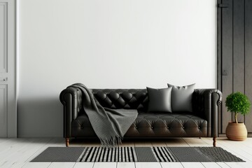 Black leather couch in white living room with wooden floors. Generative AI