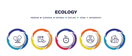 set of ecology thin line icons. ecology outline icons with infographic template. linear icons such as tree with hearts, bio fuel, half, nuclear energy, coal vector.