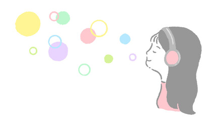 Image of a thinking woman listening to music with headphones Simple and cute hand-drawn illustration / ヘッドホンで音楽を聞く、考える女性のイメージ シンプルでかわいい手描きのイラスト