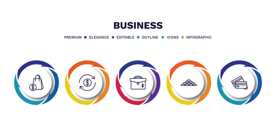 set of business thin line icons. business outline icons with infographic template. linear icons such as shopping bags, money convert, briefcase, stack of gold, bank card vector.