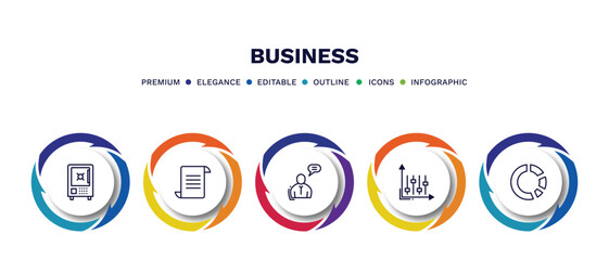 set of business thin line icons. business outline icons with infographic template. linear icons such as big safe, paper graphic, man talking, tones, pie chart statistics vector.