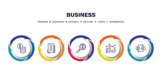 set of business thin line icons. business outline icons with infographic template. linear icons such as dollar coins stack, newspaper page, money finder, bar diagram, currency exchange vector.