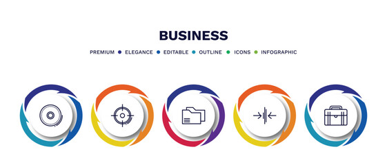 set of business thin line icons. business outline icons with infographic template. linear icons such as full circle, target, two folders, thin, business briefcase vector.