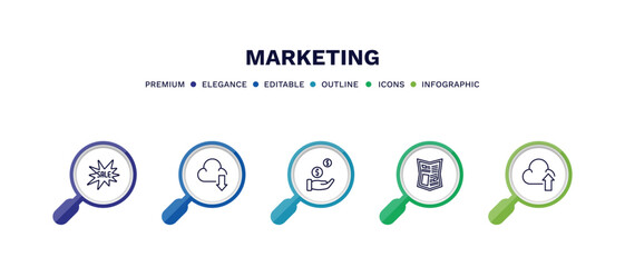set of marketing thin line icons. marketing outline icons with infographic template. linear icons such as sale, download from cloud, buying, gazette, upload to cloud vector.