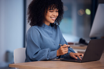 Happy, working and black woman typing on a laptop for email, connection and internet. Business,...
