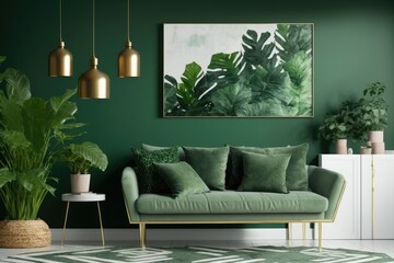 Green wall, middle table, sofa, and frame. House design. Generative AI