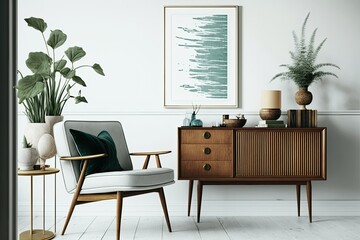 Real shot with copy space on the white wall, retro furniture in the living room's cupboard, and a poster. Generative AI