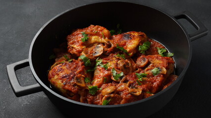 Chicken Chasseur, poulet saute chasseur, chicken stew with mushrooms in a tomato and white wine sauce in black bowl on dark  table, French cuisine