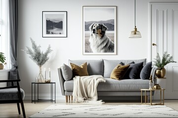 Scandinavian living room with grey sofa, retro wooden table, mock-up poster frame, decoration, carpet, and personal belongings. Generative AI