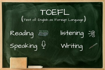 Word TOEFL on a Green Chalkboard background. Test of English as a Foreign Language exams. Education concept.