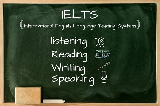 Word IELTS on a Green Chalkboard background. International English Language Testing System. Education concept.