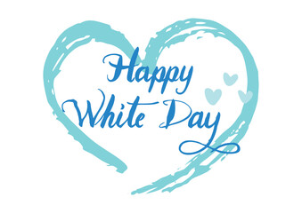 水色の手書きのハートに手書きのカリグラフィー、Happy White Day、小さいハート