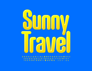 Vector bright Poster Sunny Travel. Elegant Yellow Font. Creative Glossy Alphabet letters, Numbers and Symbols set