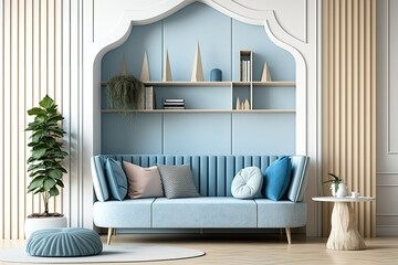 interior scene and mockup, built-in shelf, wooden wall, blue sofa, and relaxing spot. Generative AI