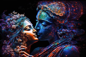 Radha krishna in love medium shot photography portrait of cosmic galactic Generative AI. symbol of Devine Love. Art Print For Home Decor hindu couple on abstract decorative background