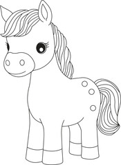Cute horse cartoon. Black and white lines. Coloring page for kids. Activity Book.