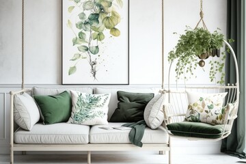 Fototapeta na wymiar Green flowers on a swing in a trendy living room with a corner sofa and pillows. Generative AI